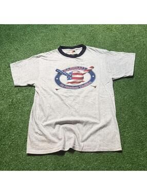 Vintage 90s Baseball Ringer T Shirt Mens Size M Americana Graphic Gray Navy USA